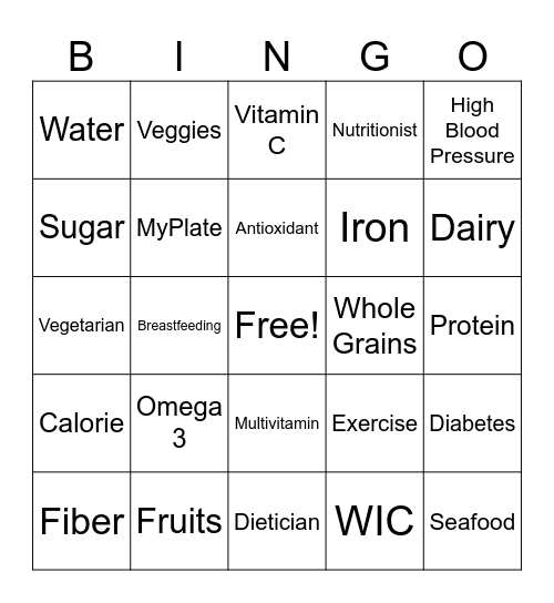 WIC Nutrition BINGO Card