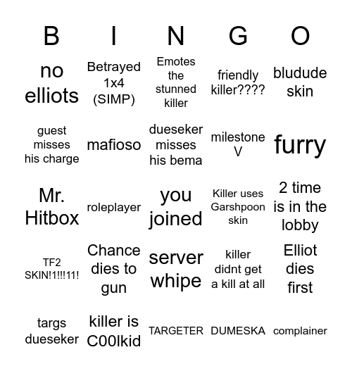 Forsaken Bingo Card