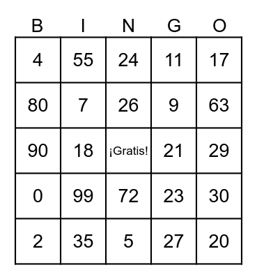 ¡Bingo! de los Números 0-100 Bingo Card