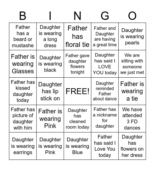 Father Daughter Dance Bingo Card