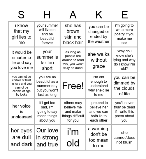 SHAKESPEARE BINGO Card