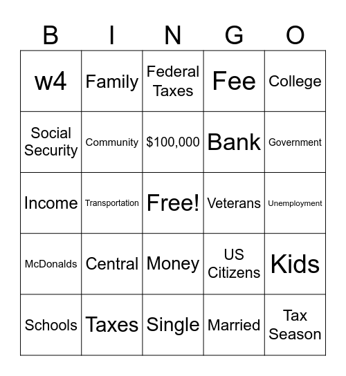 Taxes Bingo Card