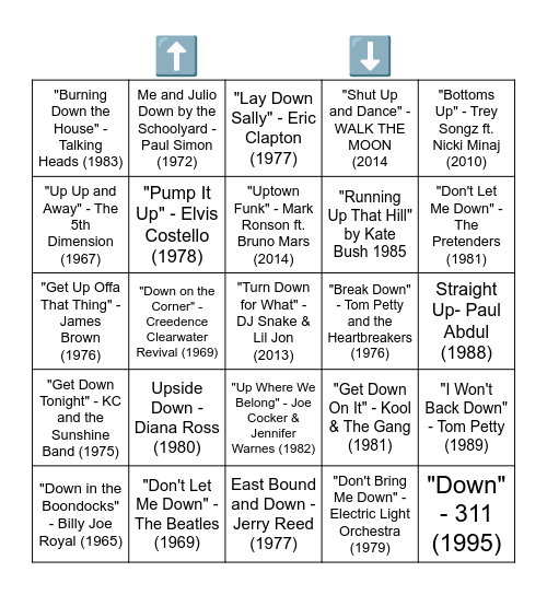 SONGS WITH "UP OR "DOWN" IN THE TITLE Bingo Card