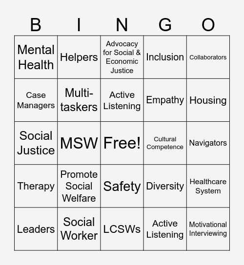 National Social Work Month Bingo Card