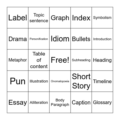 ENGLISH Bingo Card