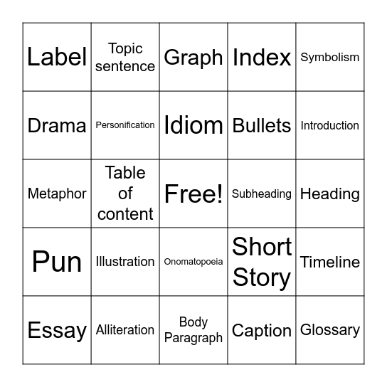 ENGLISH Bingo Card