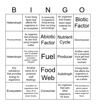 5th Grade Ecosystems Bingo Card