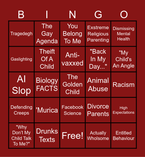 Insane Parent BINGO Card