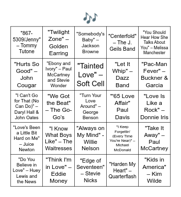 TOP SONGS FROM 1982 Bingo Card