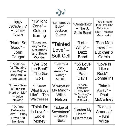 TOP SONGS FROM 1982 Bingo Card