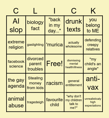 The Click - r/insane parents bingo card Bingo Card
