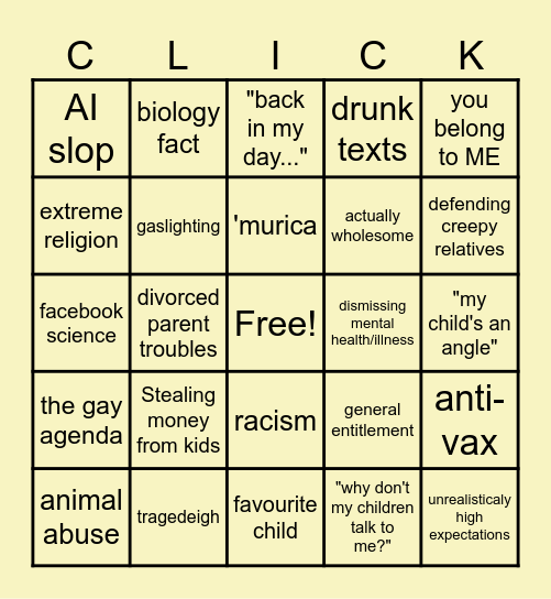 The Click - r/insane parents bingo card Bingo Card