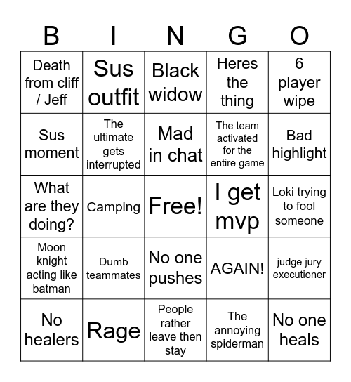 Marvel rivals Bingo Card