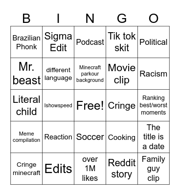YouTube shorts Bingo Card