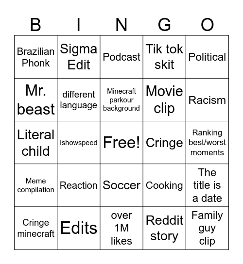 YouTube shorts Bingo Card