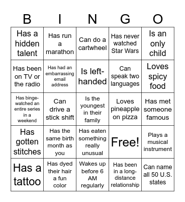 Gametime Get to Know You Bingo Card