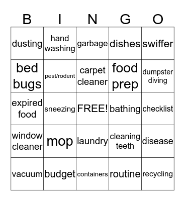 Domestic/Environmental Hygiene Bingo Card