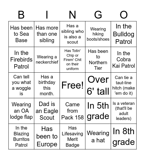 Troop 1313 Bingo Card