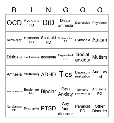 Mental Issues Bingo Card