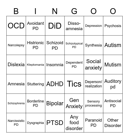 Mental Issues Bingo Card