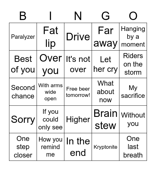 Dad Rock Bingo Card