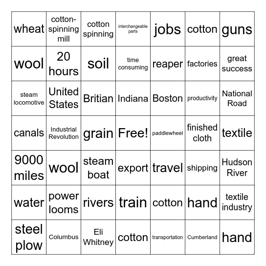 Industrial Revolution Bingo Card