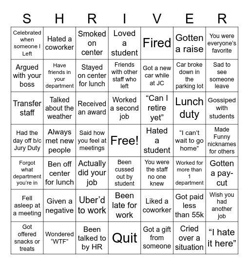 Staff Shriver JC Bingo Card