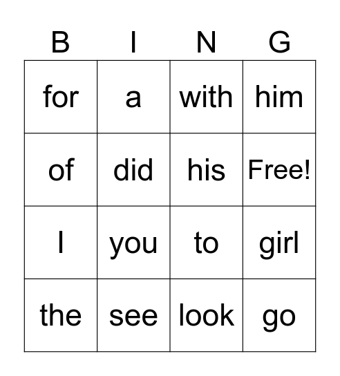 Kinder SIGHT WORDS Bingo Card