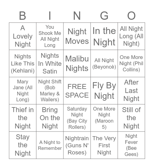5/11 - 5/12/25 "Night" Bingo Card
