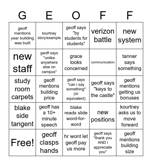 Staff Meeting Bingo Card