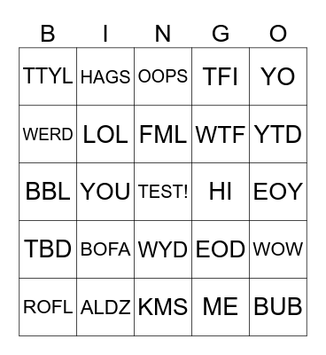 JUSTIN TEST BINGO Card