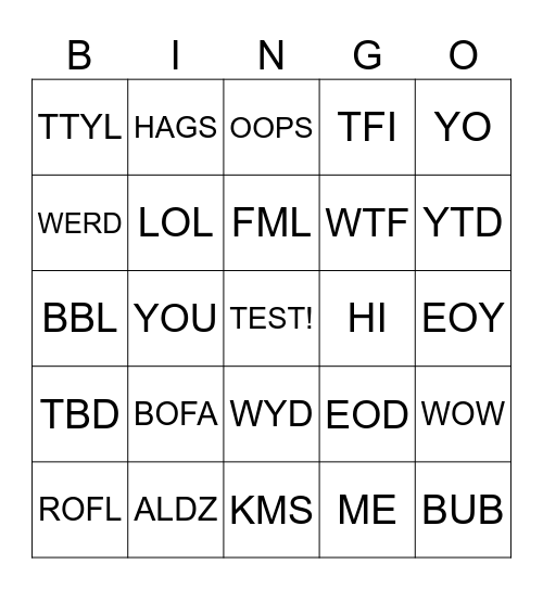 JUSTIN TEST BINGO Card