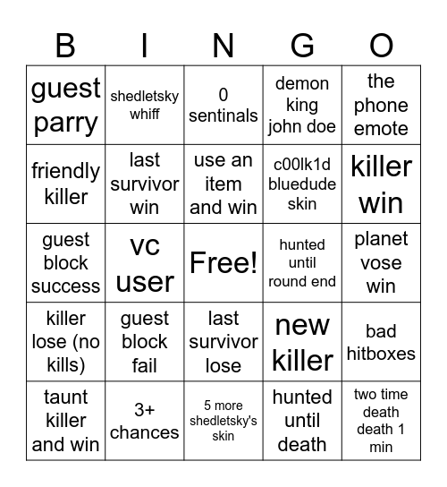 forsaken bingo Card