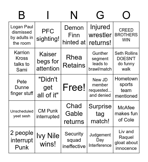 3/3/2025 RAW Bingo Card