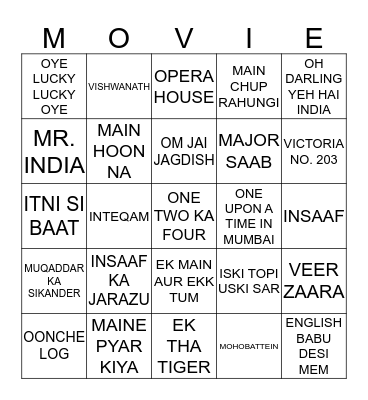 BOLLYWOOD MOVIES Bingo Card