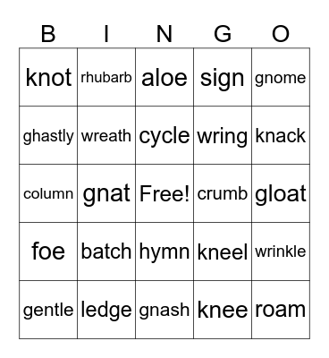 Elspeth's Silent Letters & Vowel Teams Bingo Card