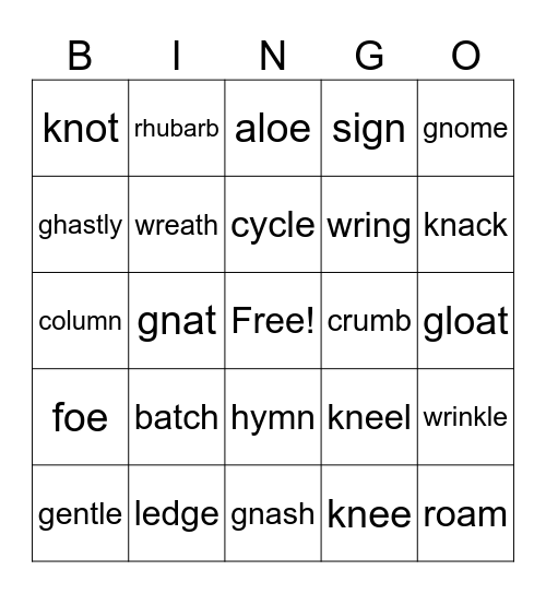 Elspeth's Silent Letters & Vowel Teams Bingo Card