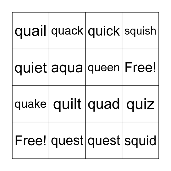 /qu/ sound Bingo! Bingo Card