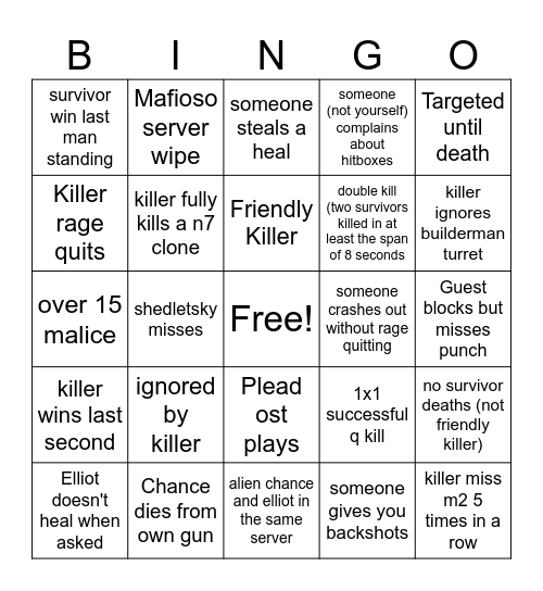 Forsaken Bingo Card