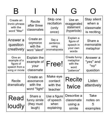 Figurative Fantasy Bingo Card