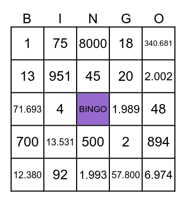 NUMBERS Bingo Card