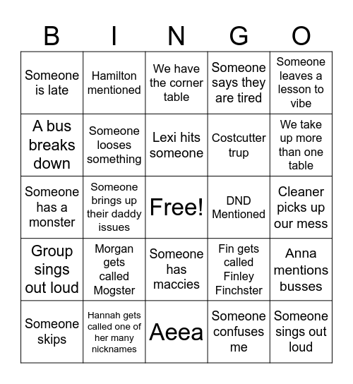 Junos Family Bingo Card
