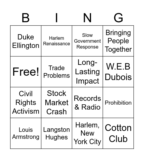 Jazz and The Great Depression Bingo Card