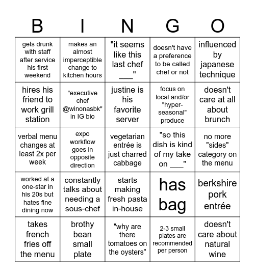 Winona's New Chef Bingo Card