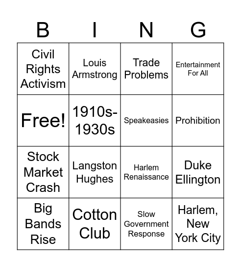 Jazz and The Great Depression Bingo Card
