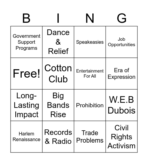 Jazz and The Great Depression Bingo Card