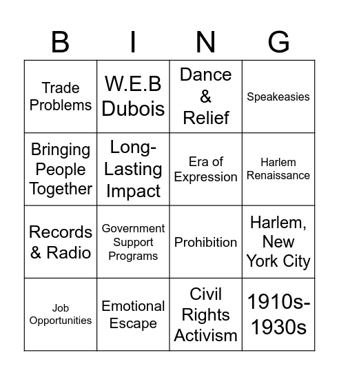 Jazz and The Great Depression Bingo Card