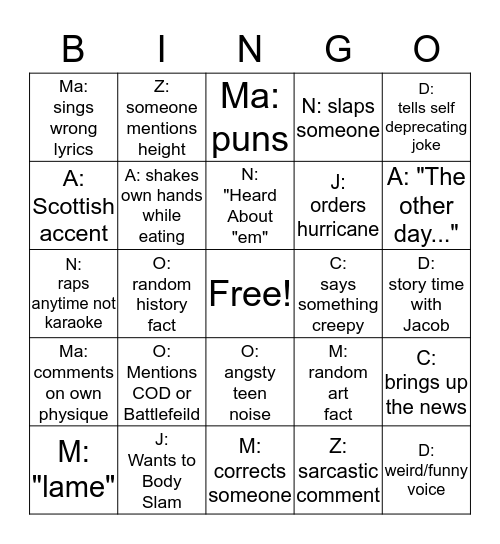 Bachelor Bingo - Jake Bingo Card