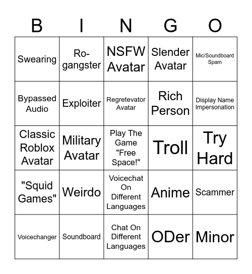 Roblox Bingo V2.5 Bingo Card