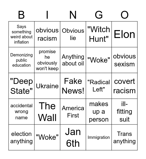 Trump Speach Bingo Card